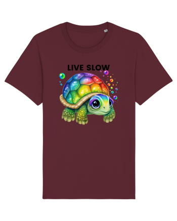 Broasca testoasa pictata in acuarela cu mesajul Live Slow Burgundy