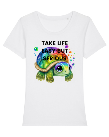 Broasca testoasa pictata in acuarela cu mesajul Take Life Easy but Serious White