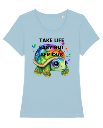Broasca testoasa pictata in acuarela cu mesajul Take Life Easy but Serious Sky Blue