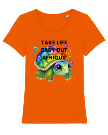Broasca testoasa pictata in acuarela cu mesajul Take Life Easy but Serious Bright Orange