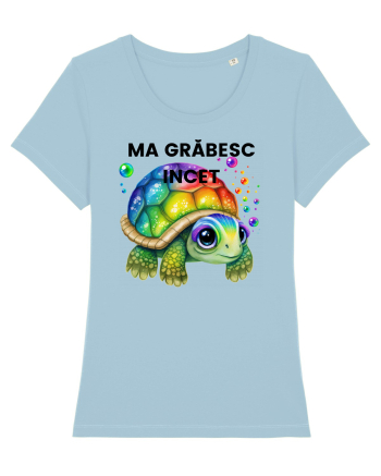 Broasca testoasa pictata in acuarela cu mesajul Ma grabesc Incet Sky Blue