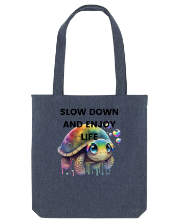 Broasca testoasa pictata in acuarela cu mesajul  Slow Down and Enjoy Life Midnight Blue