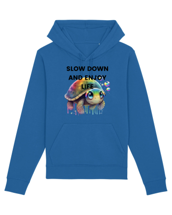Broasca testoasa pictata in acuarela cu mesajul  Slow Down and Enjoy Life Royal Blue