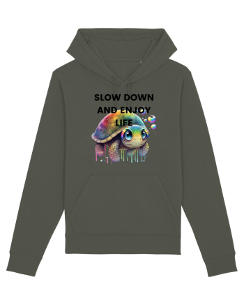 Broasca testoasa pictata in acuarela cu mesajul  Slow Down and Enjoy Life Khaki