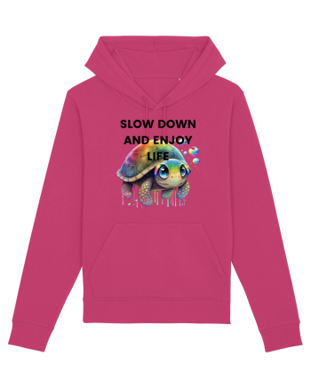Broasca testoasa pictata in acuarela cu mesajul  Slow Down and Enjoy Life Raspberry