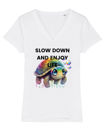 Broasca testoasa pictata in acuarela cu mesajul  Slow Down and Enjoy Life White