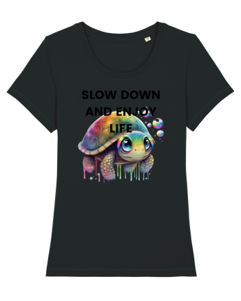 Broasca testoasa pictata in acuarela cu mesajul  Slow Down and Enjoy Life Black