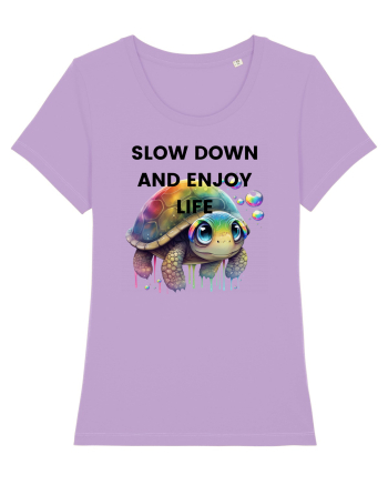 Broasca testoasa pictata in acuarela cu mesajul  Slow Down and Enjoy Life Lavender Dawn