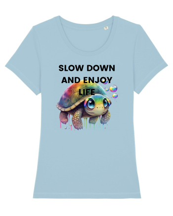 Broasca testoasa pictata in acuarela cu mesajul  Slow Down and Enjoy Life Sky Blue