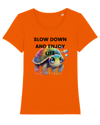 Broasca testoasa pictata in acuarela cu mesajul  Slow Down and Enjoy Life Bright Orange