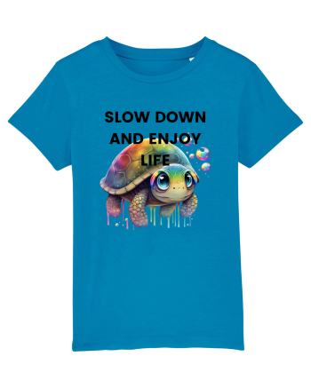 Broasca testoasa pictata in acuarela cu mesajul  Slow Down and Enjoy Life Azur