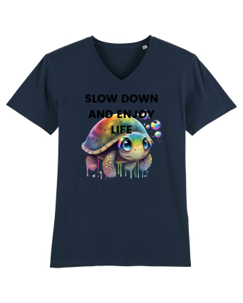 Broasca testoasa pictata in acuarela cu mesajul  Slow Down and Enjoy Life French Navy