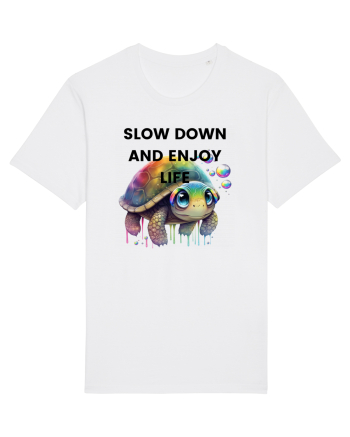 Broasca testoasa pictata in acuarela cu mesajul  Slow Down and Enjoy Life White