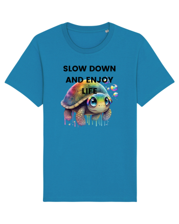 Broasca testoasa pictata in acuarela cu mesajul  Slow Down and Enjoy Life Azur