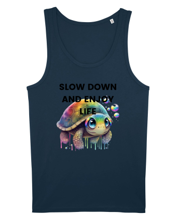 Broasca testoasa pictata in acuarela cu mesajul  Slow Down and Enjoy Life Navy