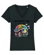 Broasca testoasa pictata in acuarela cu mesajul  Go with the Flow Tricou mânecă scurtă guler V Damă Evoker