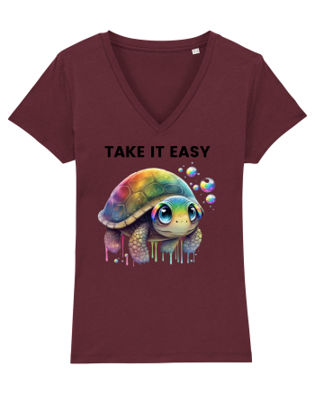 Broasca testoasa pictata in acuarela cu mesajul  Take it Easy Burgundy