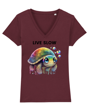 Broasca testoasa pictata in acuarela cu mesajul Live Slow Burgundy