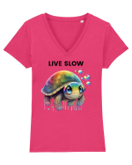 Broasca testoasa pictata in acuarela cu mesajul Live Slow Tricou mânecă scurtă guler V Damă Evoker