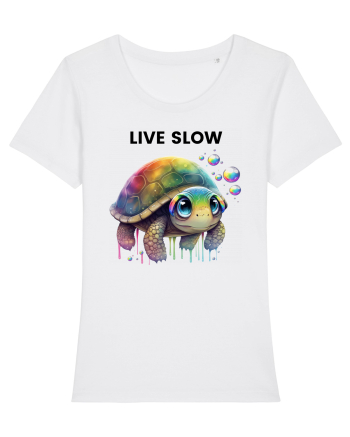 Broasca testoasa pictata in acuarela cu mesajul Live Slow White