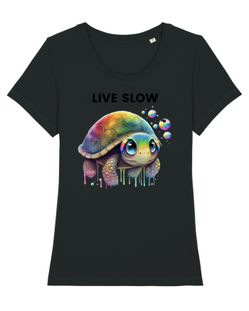 Broasca testoasa pictata in acuarela cu mesajul Live Slow Black