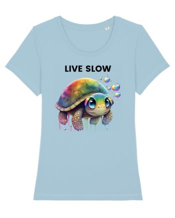 Broasca testoasa pictata in acuarela cu mesajul Live Slow Sky Blue
