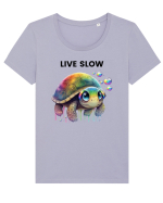 Broasca testoasa pictata in acuarela cu mesajul Live Slow Tricou mânecă scurtă guler larg fitted Damă Expresser