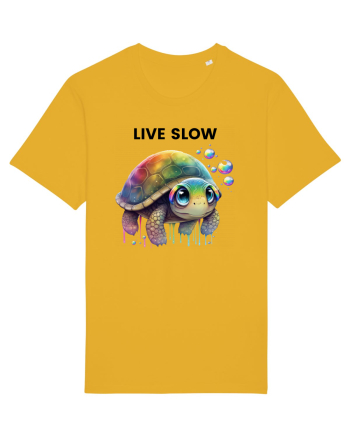 Broasca testoasa pictata in acuarela cu mesajul Live Slow Spectra Yellow