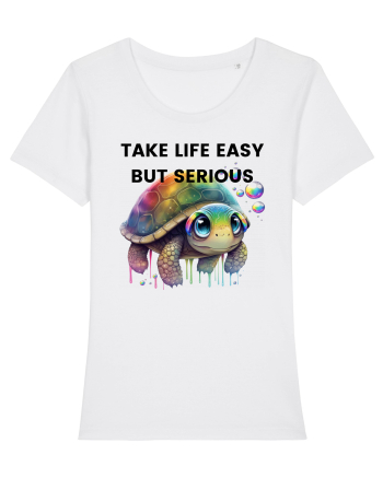 Broasca testoasa pictata in acuarela cu mesajul Take Life Easy but Serious White