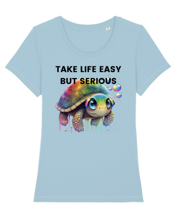 Broasca testoasa pictata in acuarela cu mesajul Take Life Easy but Serious Sky Blue