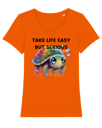 Broasca testoasa pictata in acuarela cu mesajul Take Life Easy but Serious Bright Orange