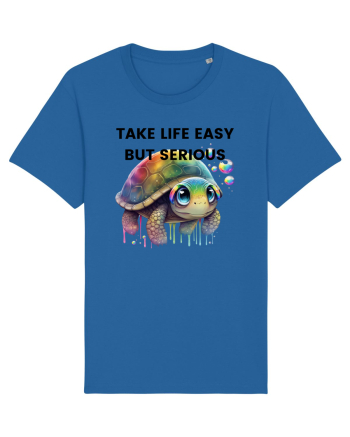 Broasca testoasa pictata in acuarela cu mesajul Take Life Easy but Serious Royal Blue