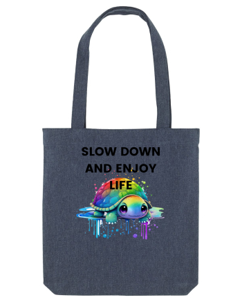 Broasca testoasa pictata in acuarela cu mesajul  Slow Down and Enjoy Life Midnight Blue