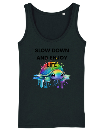 Broasca testoasa pictata in acuarela cu mesajul  Slow Down and Enjoy Life Black