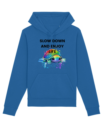 Broasca testoasa pictata in acuarela cu mesajul  Slow Down and Enjoy Life Royal Blue