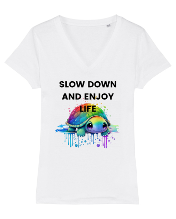 Broasca testoasa pictata in acuarela cu mesajul  Slow Down and Enjoy Life White