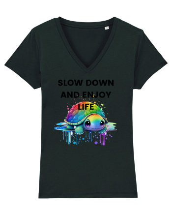 Broasca testoasa pictata in acuarela cu mesajul  Slow Down and Enjoy Life Black