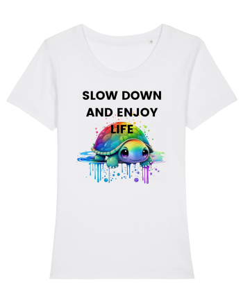 Broasca testoasa pictata in acuarela cu mesajul  Slow Down and Enjoy Life White