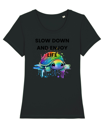 Broasca testoasa pictata in acuarela cu mesajul  Slow Down and Enjoy Life Black