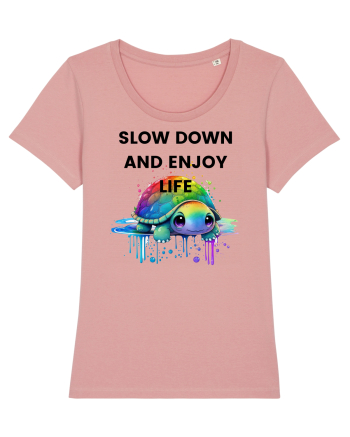 Broasca testoasa pictata in acuarela cu mesajul  Slow Down and Enjoy Life Canyon Pink