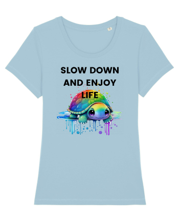 Broasca testoasa pictata in acuarela cu mesajul  Slow Down and Enjoy Life Sky Blue