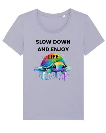Broasca testoasa pictata in acuarela cu mesajul  Slow Down and Enjoy Life Lavender