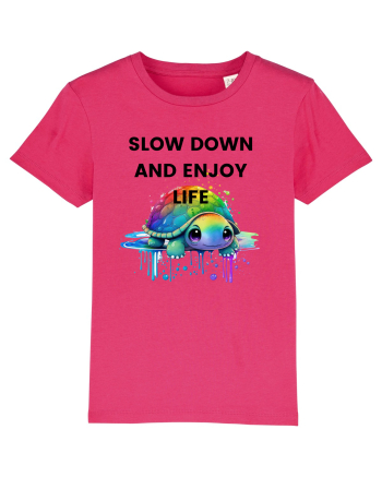 Broasca testoasa pictata in acuarela cu mesajul  Slow Down and Enjoy Life Raspberry