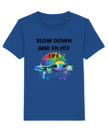 Broasca testoasa pictata in acuarela cu mesajul  Slow Down and Enjoy Life Majorelle Blue