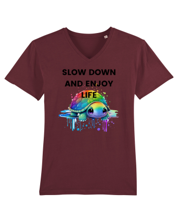Broasca testoasa pictata in acuarela cu mesajul  Slow Down and Enjoy Life Burgundy