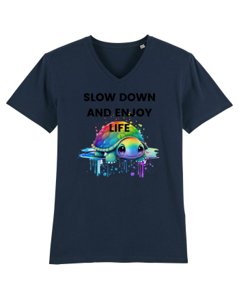 Broasca testoasa pictata in acuarela cu mesajul  Slow Down and Enjoy Life French Navy
