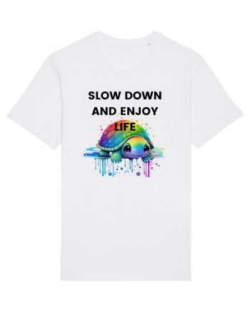 Broasca testoasa pictata in acuarela cu mesajul  Slow Down and Enjoy Life White
