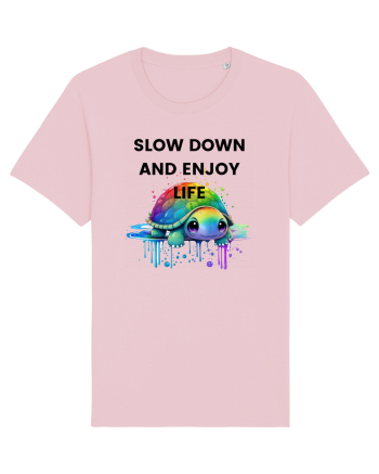 Broasca testoasa pictata in acuarela cu mesajul  Slow Down and Enjoy Life Cotton Pink