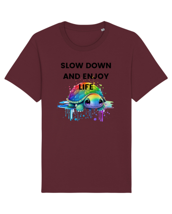 Broasca testoasa pictata in acuarela cu mesajul  Slow Down and Enjoy Life Burgundy