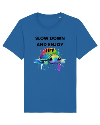 Broasca testoasa pictata in acuarela cu mesajul  Slow Down and Enjoy Life Royal Blue